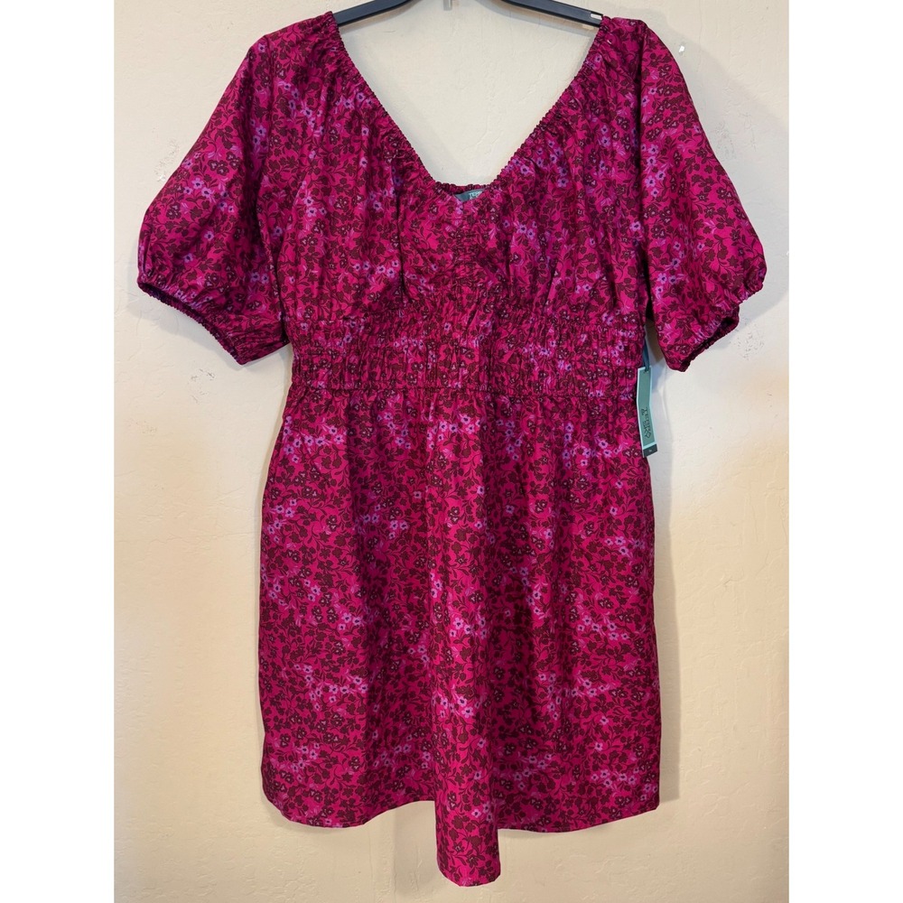 Terra & Sky Mini Cinched Dress Women 0X Dark Azalea Floral Smocked Pockets NEW - Picture 1 of 11